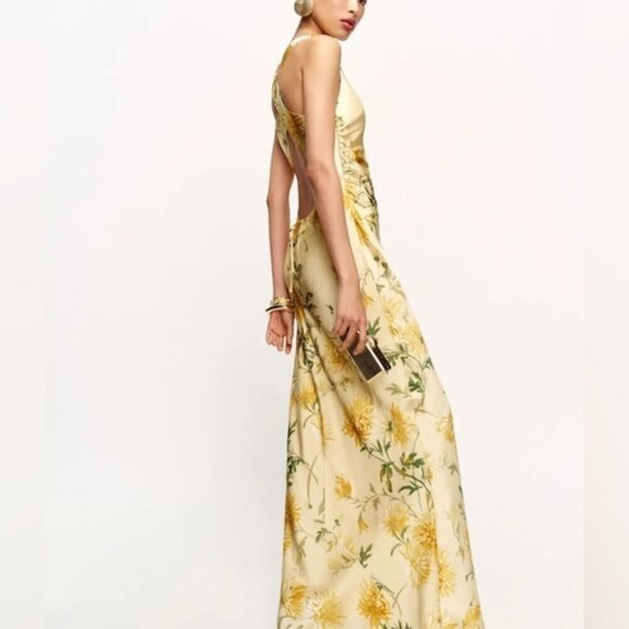 NEW Reformation Anaiis Long Backless Silk Dress Honeyglow Yellow Floral | US 0 - Picture 5 of 13